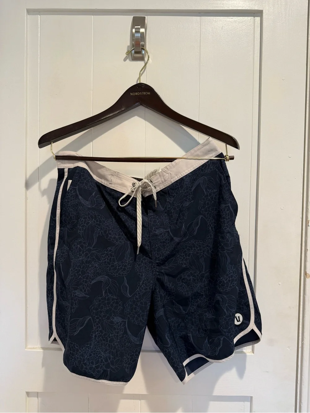 Vuori Navy Floral-Print Swim Shorts with White Trim